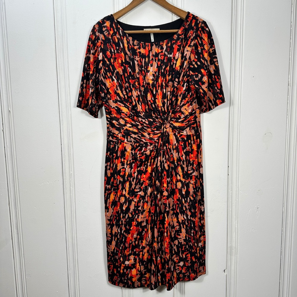 Anthology Sheath Dress Womens 14 Orange Black Abstract Twist Front Excellent